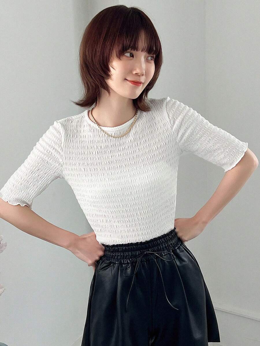 FRIFUL 女士修身紋理萵苣邊t卹 - 米色 - 查看 1