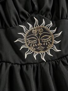 ROMWE Hippie 女士露肩蕾絲拼接太陽花刺繡連衣裙 - 黑色 - 查看 4