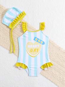 Đứa bé gái Sọc Tim In Ruffled Áo tắm một mảnh Với băng đô - Nhiều màu - Xem 4