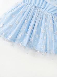 SHEIN Newborn Baby Girl's Fashionable Elegant Silver Foiled Snowflake Tulle Splicing Bubble Sleeve Dress - Blue - View 3