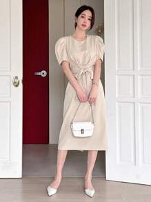 DAZY Women's Puff Sleeve Belted Dress Sundress - Beige - View 4