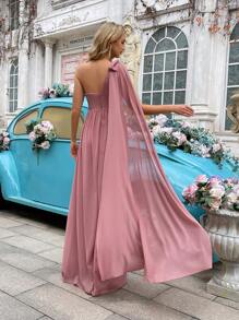 QOQ 甜美浪漫蝴蝶结装饰女士礼服夏季优雅伴娘礼服，适合浪漫婚礼、别致伴娘、晚宴、订婚派对粉色单肩高开叉伴娘长裙 - 粉色 - 查看 2