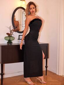 Joyfunear Vestido de fiesta strapless con abertura lateral para mujer