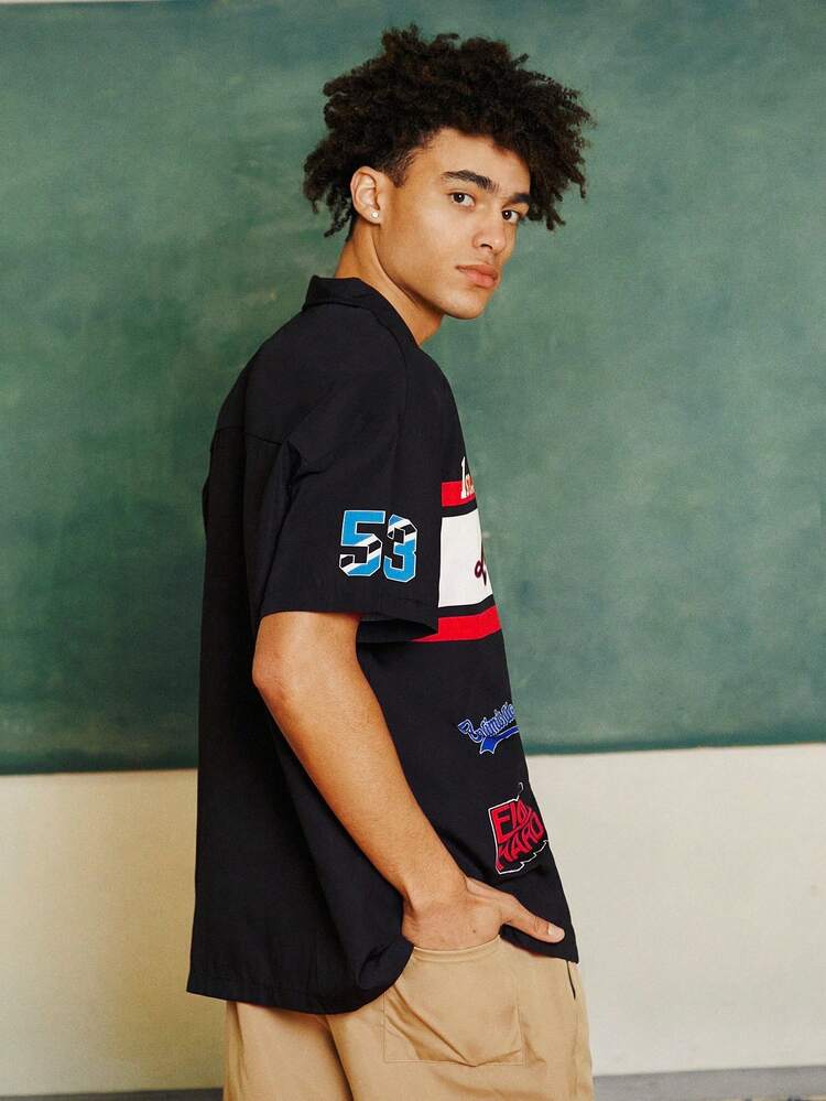 Men's Color Blocked Short Sleeve Shirt With Letter Print,Back To School