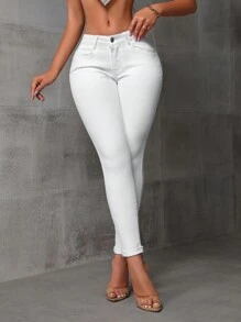 SHEIN SXY Women's White Skinny Jeans - White - View 4