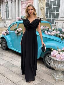 QOQ Simple Stylish Black Applique Swing Neck Bridesmaid Dresses Gown - Black - View 6