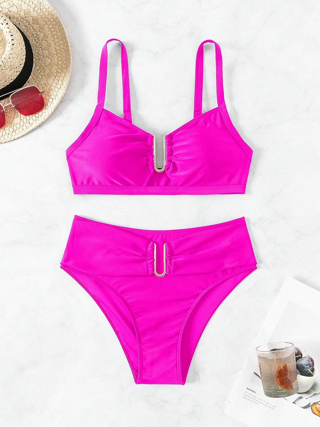 SHEIN Swim Conjunto de Maiô Bikini de 2 Peças com Parte de Baixo Recortada Alta, Alças Grossas Ajustáveis, Decoração em U Dourada e Cor Sólida Fúcsia, Primavera/Verão 2026 para Mulheres - Pink - Visão 7