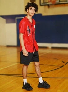 Manfinity RebelGame 男士 V 领字母图案印花编织休闲衬衫，返校 - 紅色 - 查看 5