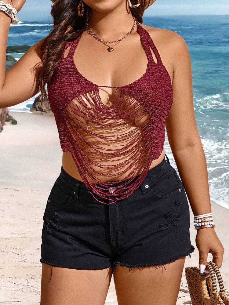 Plus Size Fashionable Sexy Hollow Out Backless Halter Knit Top