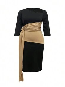 Đầm bodycon thời trang màu khối tự buộc dây cỡ lớn cho mùa xuân và mùa hè - màu đen - Xem 4