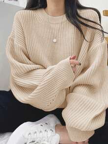 1 件女式纯色宽松落肩圆领毛衣 - 杏色 - 查看 6