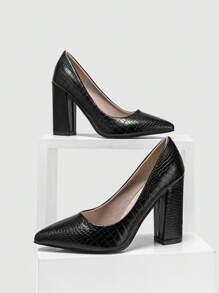 女士粗跟尖头春秋季套脚鞋，石纹黑色，低帮，优雅 - 黑色 - 查看 5