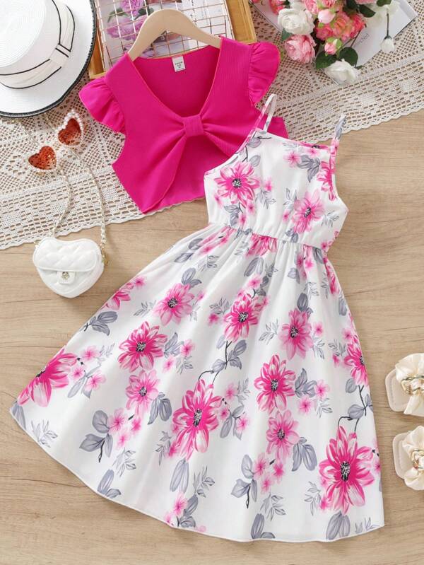 SHEIN Sparklyn Tween Girl Summer New Arrival Two Pieces Outfit, Featuring Cap Sleeve Top And Floral Printed A-Line Skirt Dress,Holiday,Summer,Travel