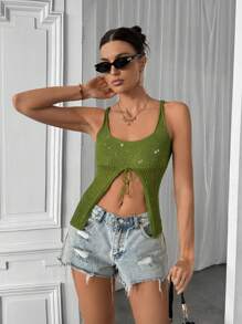 SHEIN LUNE 女性針織細肩帶背心上衣,分裂式下擺設計 - 綠色 - 查看 4