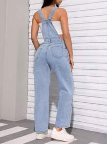 SHEIN PETITE Solid Color Straight Leg Denim Overalls