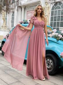 QOQ 甜美浪漫蝴蝶结装饰女士礼服夏季优雅伴娘礼服，适合浪漫婚礼、别致伴娘、晚宴、订婚派对粉色单肩高开叉伴娘长裙 - 粉色 - 查看 5