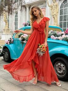 QOQ Proste Eleganckie Koralowe Pomarańczowe Dekolt w Serek Falbany Suknie Druhny Długie Suknie - Koralowy pomarańczowy - Zobacz 4