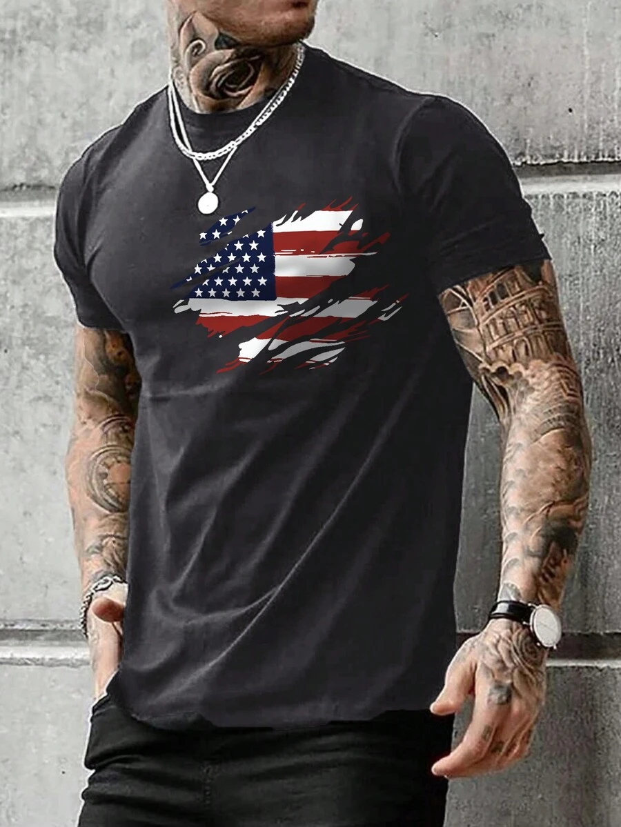 Men's American Style Printed Short Sleeve T-Shirt - Dark Grey - View 1