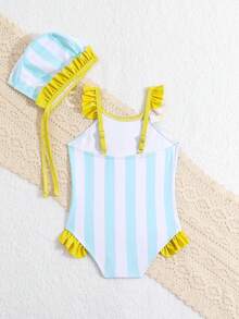 Đứa bé gái Sọc Tim In Ruffled Áo tắm một mảnh Với băng đô - Nhiều màu - Xem 2