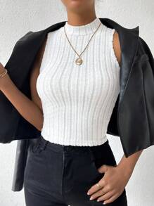 Calvaya Top De tank unicolor Acanalado De Cuello Alto Para Mujer - Blanco y Negro - Ver 3