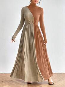 SHEIN Privé Color Block Pleated Mock Neck Long Sleeve Dress With Slit - Orange - View 4
