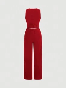 SHEIN MOD 红色约会之夜 前扣 V 型下摆纯色纽扣前背心夹克和前缝裤两件套