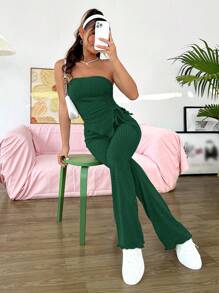 SHEIN Qutie Women's Solid Color Drawstring Asymmetrical Hem Bandeau Top And Bell Bottoms Two Pieces Set