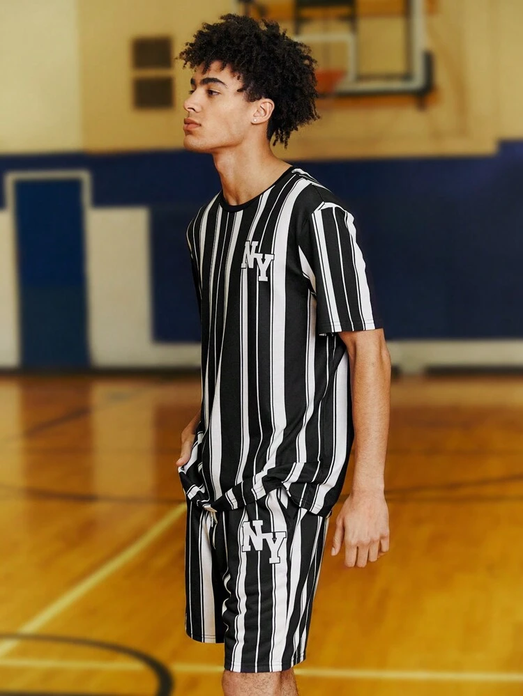 Men's Letter & Striped Pattern Short Sleeve T-Shirt And Shorts Knit Casual 2pcs/Set,Back To School, Going Out, Fashion, Boyfriend Gift