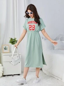 SHEIN Vestido de mangas cortas de punto con cuello redondo, estampado de carta, hombros caídos y cintura ajustada para chica adolescente