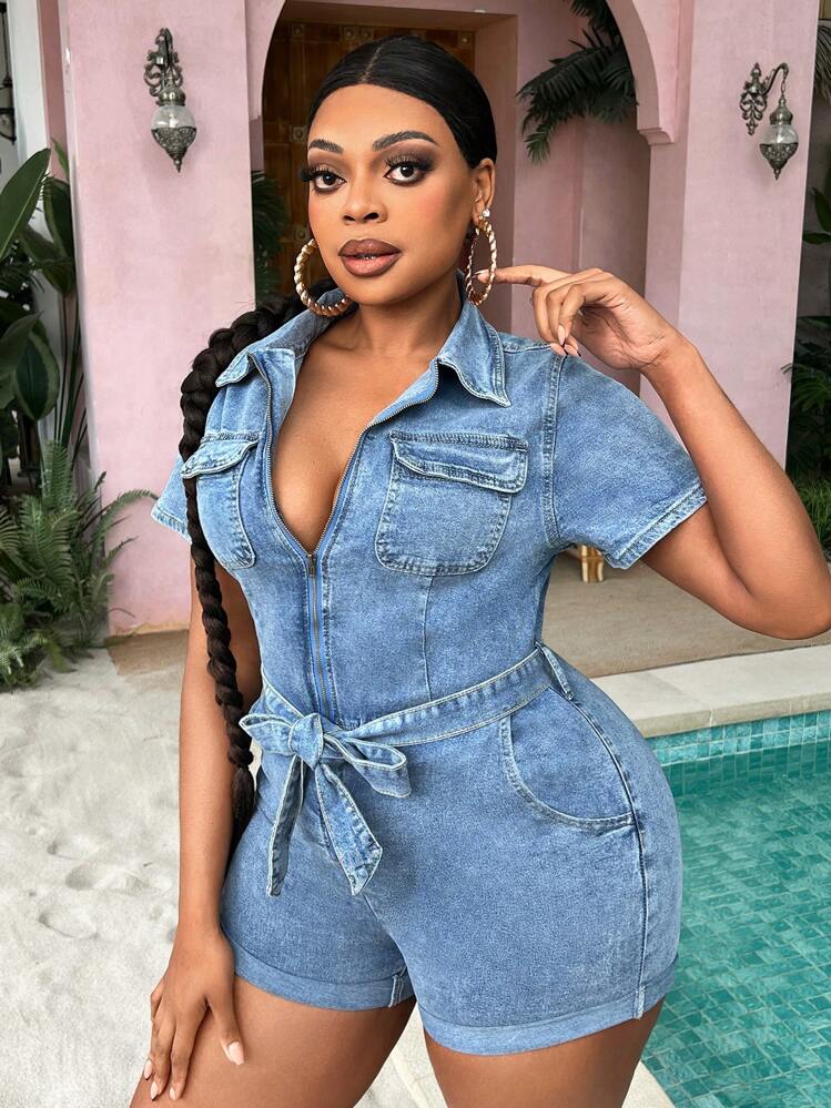 美品★ SHINY DENIM LIKE ROMPERS SHEIN SXY Plus Size Women Denim Romper, Country Festival Clothing