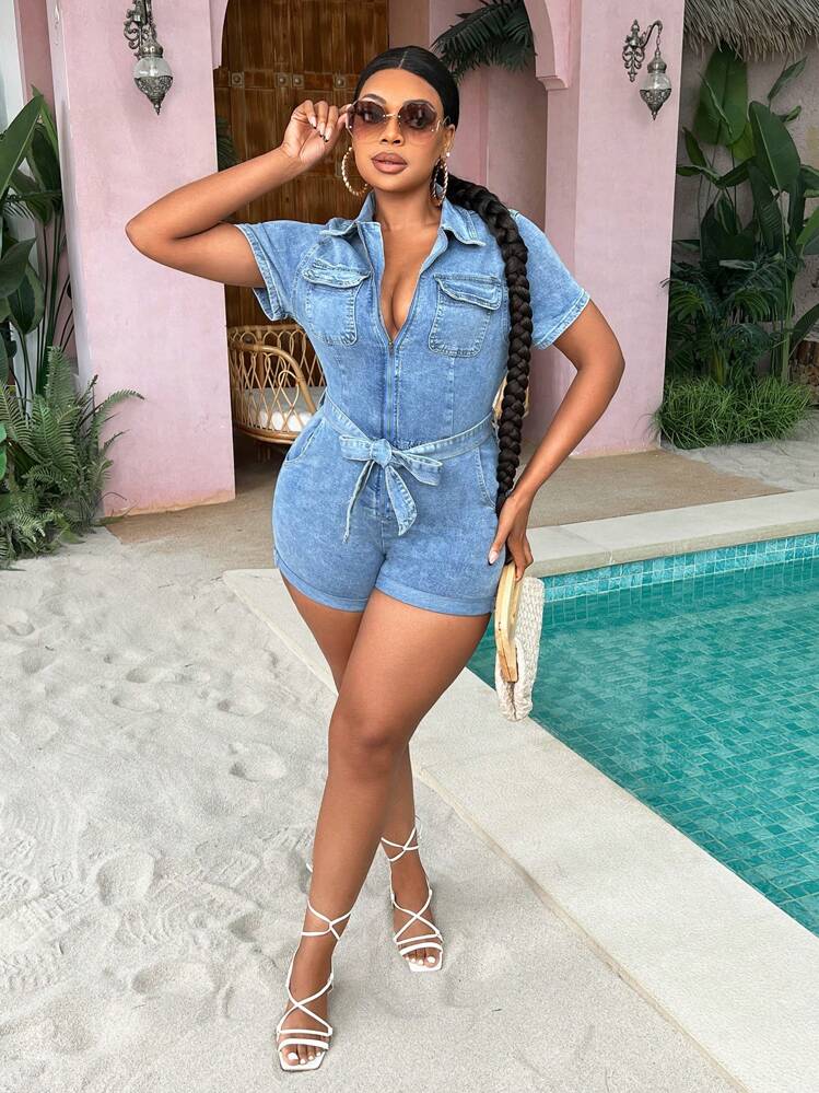SHEIN SXY Plus Size Women Denim Romper, Country Festival Clothing