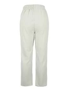 Jisfaneya Solid Color Pocket Elastic Waist Drawstring Pleated Effect Fabric Straight Leg Casual Everyday Versatile Light Gray Pants, Spring/Summer - Light Grey - View 2