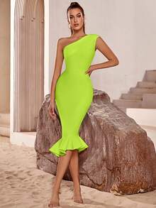 ADYCE Sleeveless One Shoulder Bandage Mermaid Dress For Proms And Parties - Green - View 6