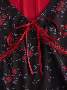 ROMWE Goth Áo nữ Nơ Bướm Tương phản ren Tương phản Mesh Họa tiết hoa Boho - Màu Đỏ Sâu - Xem 4