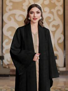Al Najma Solid Loose Fit Front Open Long Flared Sleeve Modest Sleeve Arabian Abaya, Fashion Robe For Casual/Festival/Gathering/Travel - Black - View 1