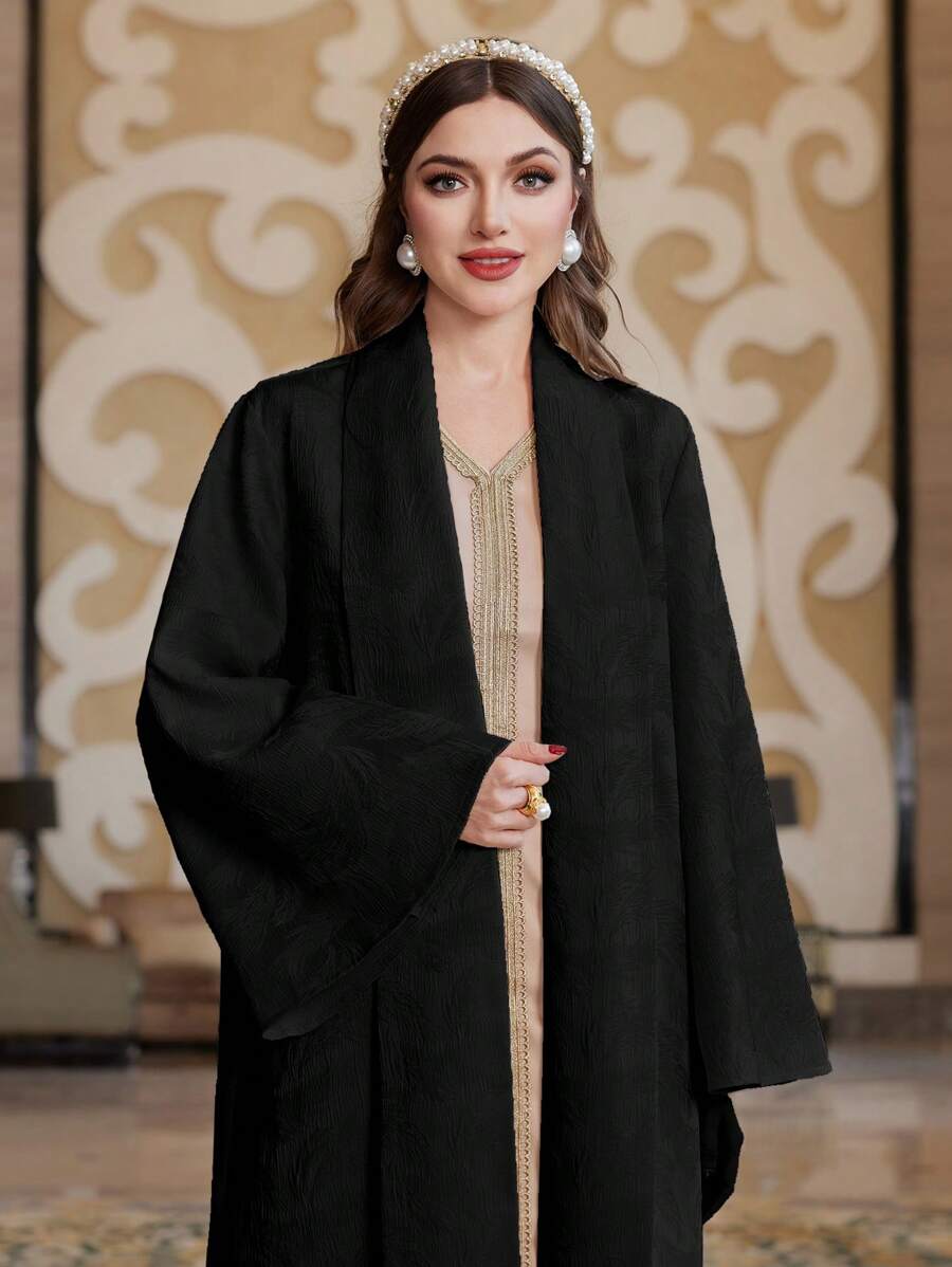 Al Najma Solid Loose Fit Front Open Long Flared Sleeve Modest Sleeve Arabian Abaya, Fashion Robe For Casual/Festival/Gathering/Travel - Black - View 1
