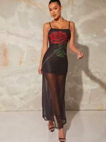 Hauture Rose Print Mesh Splice Cami Dress