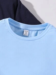 SHEIN 4入組青少年男孩休閒純色圓領t恤和格紋短褲家居套裝