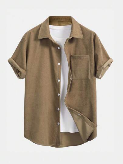 Prep Men Solid Corduroy Button Front Pocket Shirt Without Tee, School