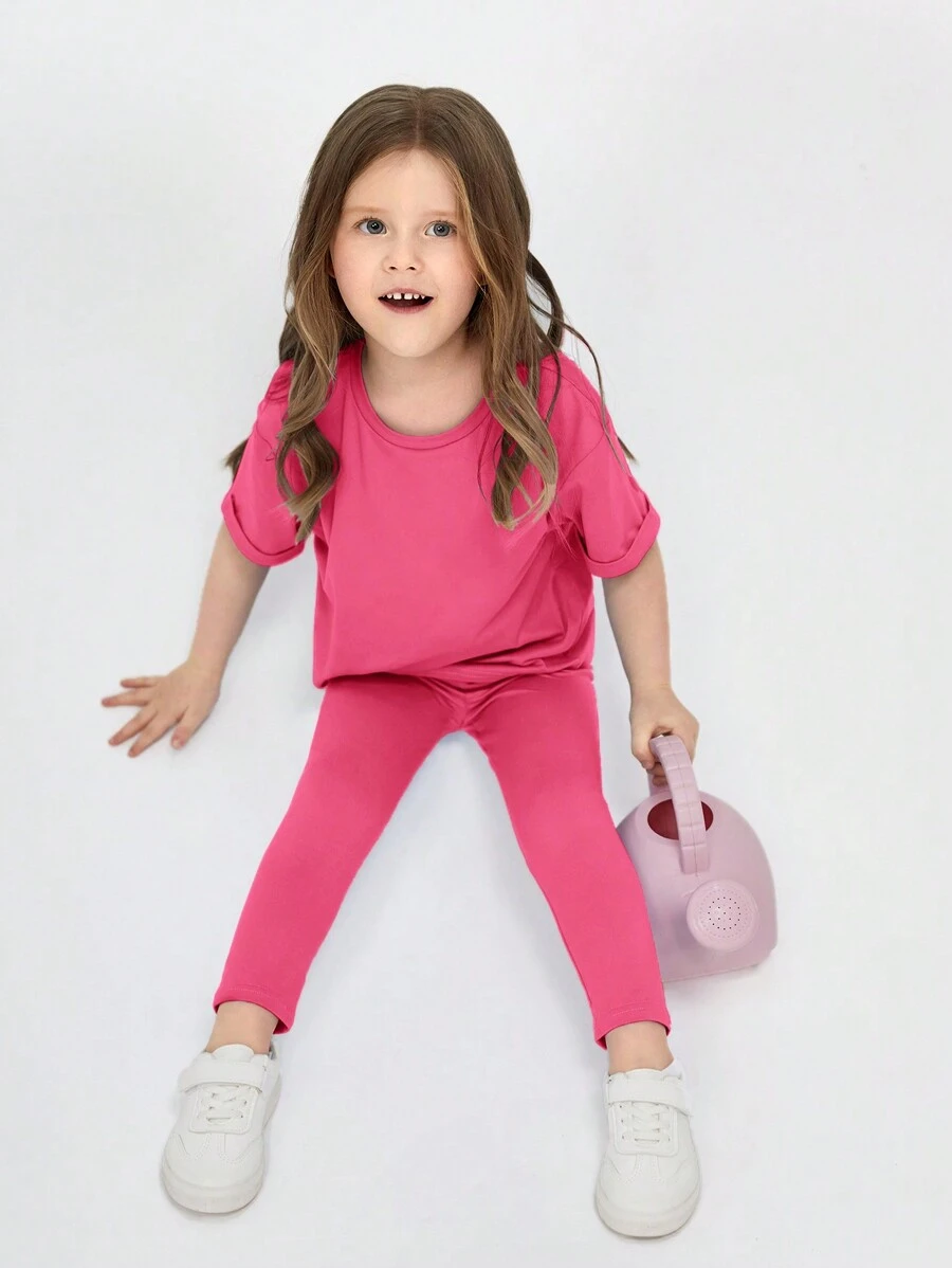 SHEIN Young Girl Casual Comfortable Round Neck Solid Short Sleeve Top And Long Pants Set - Hot Pink - View 1
