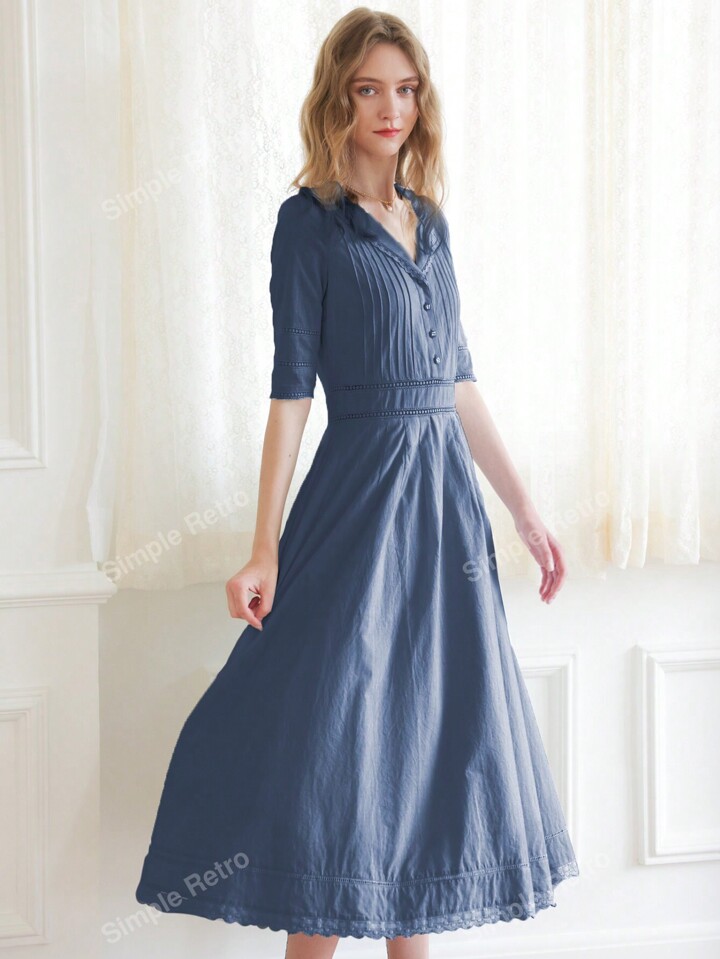 【Simple Retro】Fiona 100% Cotton Midi Dress ドレス Fiona 100% Cotton Gray Blue Midi Dress