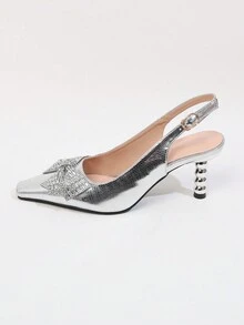 Giày Cao Gót Đơn Nữ Mũi Vuông Thanh Lịch, Thắt Nơ Trang Trí Đính Kim Cương Giả Thời Trang - Bạc - Xem 5