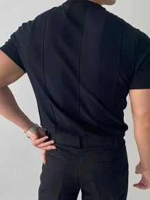 Camiseta de punto de manga corta con textura y unicolor casual y de moda para hombres - Negro - Ver 2
