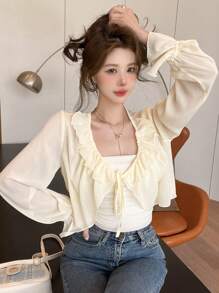 DAZY Solid Ruffle Trim Tie Front Flare Sleeve Jacket - White - View 4