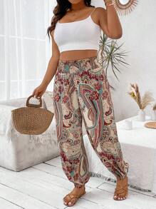 SHEIN Clasi 大碼女士花印高腰打結踝闊腳運動褲 - 彩色 - 查看 5