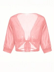 雪纺系带纯色衬衫，夏季度假罩衫，沙滩罩衫，轻薄短款披肩上衣，春季休闲罩衫 - 西瓜粉 - 查看 2