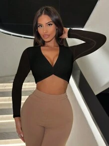 SHEIN SXY 網紗拼接扭結前短款緊身t恤,夏季穿搭白色約會裝上衣 - 黑色 - 查看 3