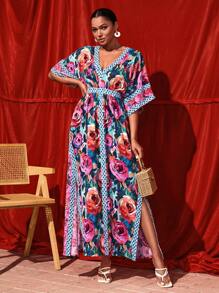 TIYA Vestido largo con cuello en V profundo, estampado total, diseño bohemio y boho para mujer, vestido elegante de verano, atuendo para Año Nuevo, para vacaciones, fiestas y festivales