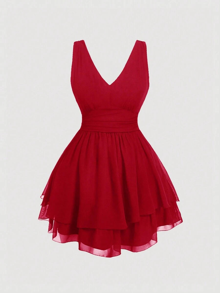SHEIN MOD Robe Noire Pour Femmes Grande Taille Avec Taille Froncée Et Ourlet Multicouche