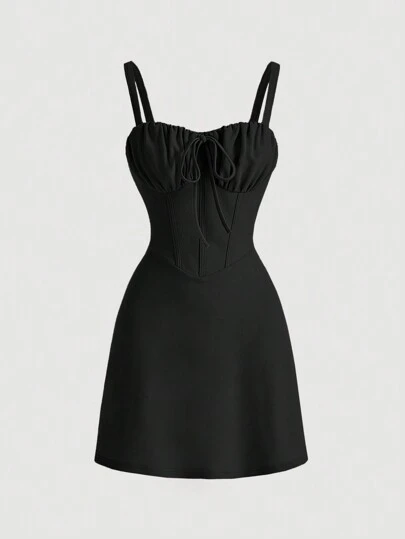 SHEIN MOD 纯色系腰带褶皱腰无袖连衣裙